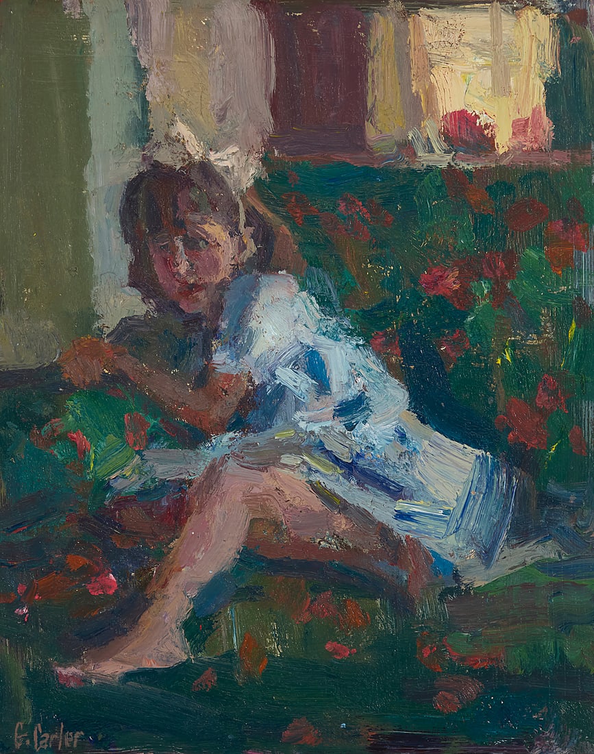 Gary Carter (b. 1939), "In Her Chair": Gary Carter (b. 1939) "In Her Chair" Oil on panel Signed lower left: G. Carter; signed again, titled, and inscribed "759," verso 20 x 15 3/4in