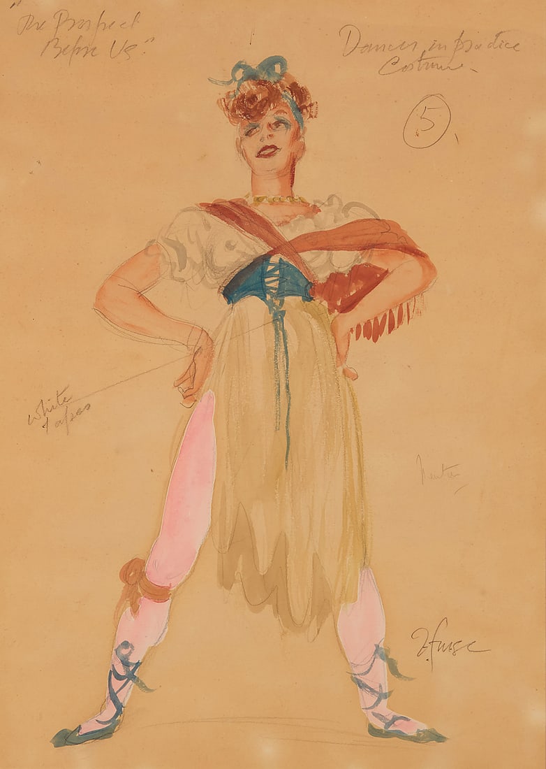 Roger Furse (1903-1972), Costume design for a dancer in "The Prospect Before Us": Roger Furse (1903-1972) Costume design for a dancer in "The Prospect Before Us" Gouache, watercolor, and pencil on tan paper Signed in pencil lower right: R. Furse; titled in pencil upper left;