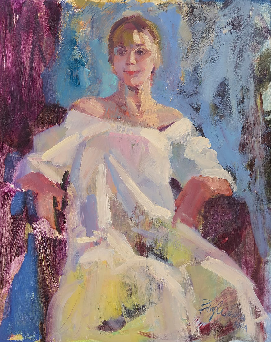 Neil Boyle (1931-2006), Seated woman in white: Neil Boyle (1931-2006) Seated woman in white Oil on canvas Signed and inscribed lower right: Boyle BSWCA / AICA 20 x 16in