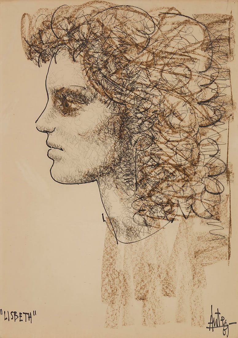 Luis Eduardo Aute (b. 1943), "Lisbeth," 1965: Luis Eduardo Aute (b. 1943) "Lisbeth," 1965 Pencil, crayon, and ink on paper Signed and dated lower right: Aute / 65; titled lower left Sight: 27 1/4 x 19 1/4in Provenance: Gallery Juarez Inc., Los