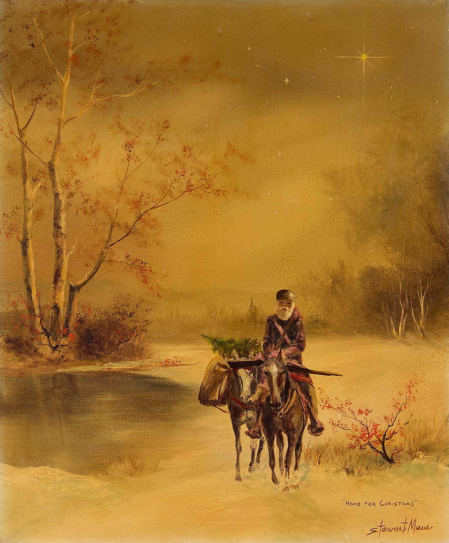 Stewart Maus (20th Century), "Home for Christmas": Stewart Maus (20th Century) "Home for Christmas" Oil on canvas Signed and titled lower right: Stewart Maus 24 x 20in Provenance: Sold: John Moran Auctioneers, Monrovia, CA, "Studio Fine Art Sale