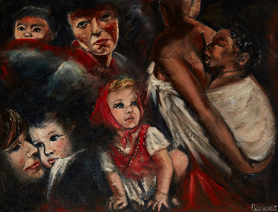 Violet Parkhurst (1921-2008), "Madonna and Children (People of the World)," Oil on canvas laid to (1 of 5)