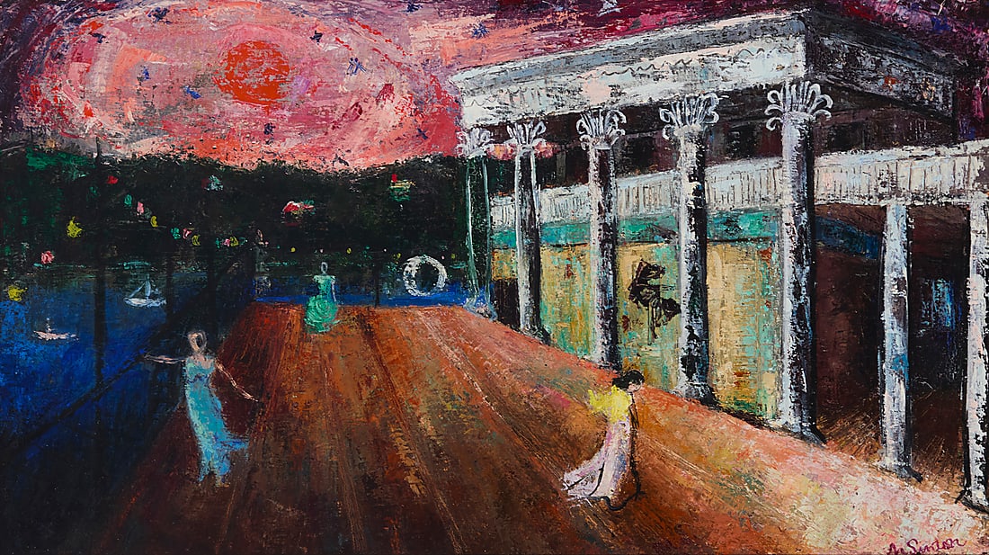 Eleanor "Nell" Sinton (1910-1997), "Corinthian Yacht Club" (Newport Beach), 1949: Eleanor "Nell" Sinton (1910-1997) "Corinthian Yacht Club" (Newport Beach), 1949 Oil on canvas Signed lower right: N. Sinton; signed (again) and titled in ink, and dated in pencil, all on the stretcher