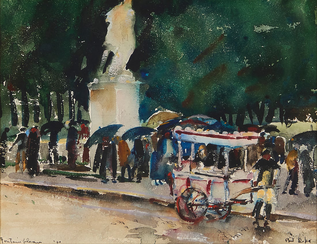 Phil Dike (1906-1990), "Fontainebleau," 1930: Phil Dike (1906-1990) "Fontainebleau," 1930 Watercolor on paper Signed, titled, and dated in the lower right and left corners: Phil Dike / '30 Sight: 7 x 9in Provenance: Jeff Olsen Collection, N