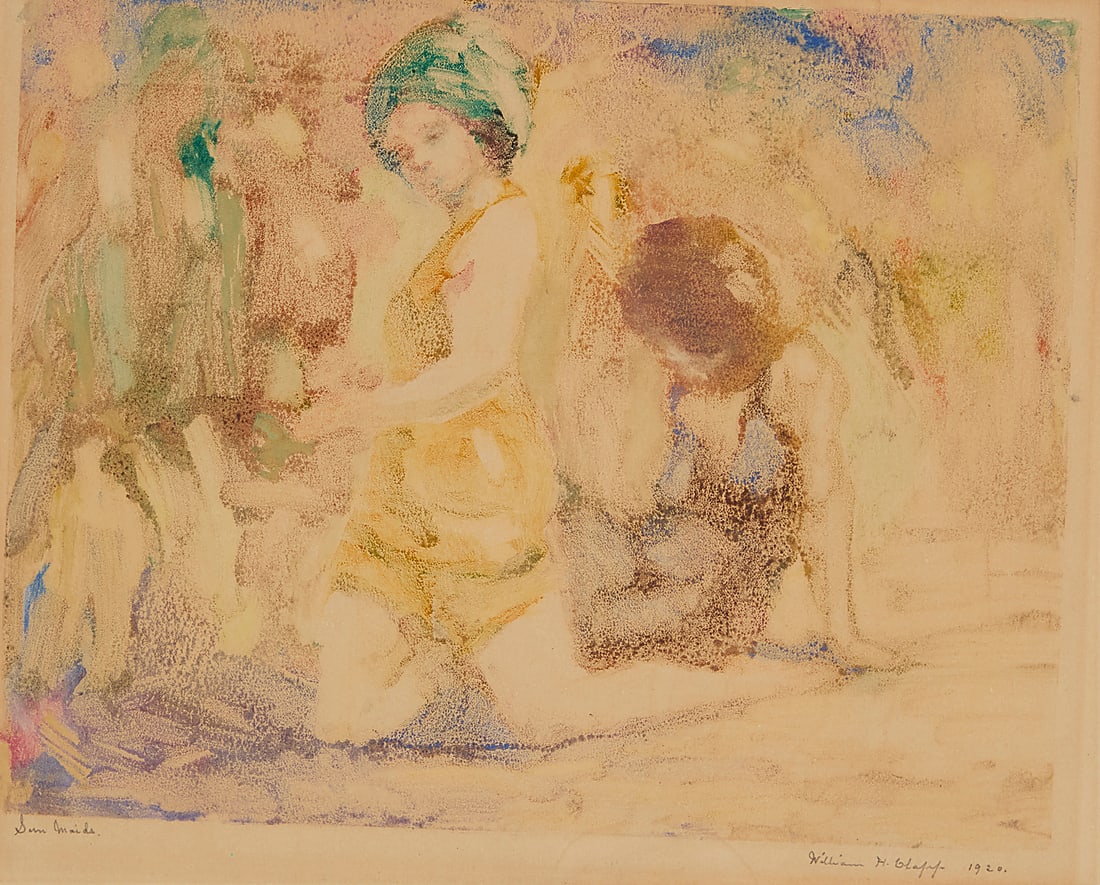 William Henry Clapp (1879-1954), "Sun Maids," 1920: William Henry Clapp (1879-1954) "Sun Maids," 1920 Monotype on paper Signed, titled, and dated in pencil in the lower margin: William H. Clapp 1920 Image: 8 x 10 in; Sight: 8 1/2 x 10 1/2in