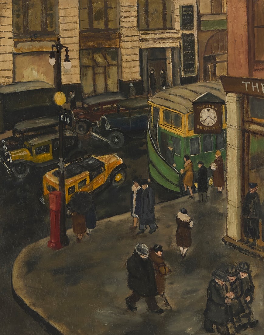 Early 20th Century American School: Early 20th Century American School City Street scene with figures and vehicles Appears unsigned Oil on canvas 20 x 16in Provenance: The Collection of Sybil Rosen and Robert Fisher