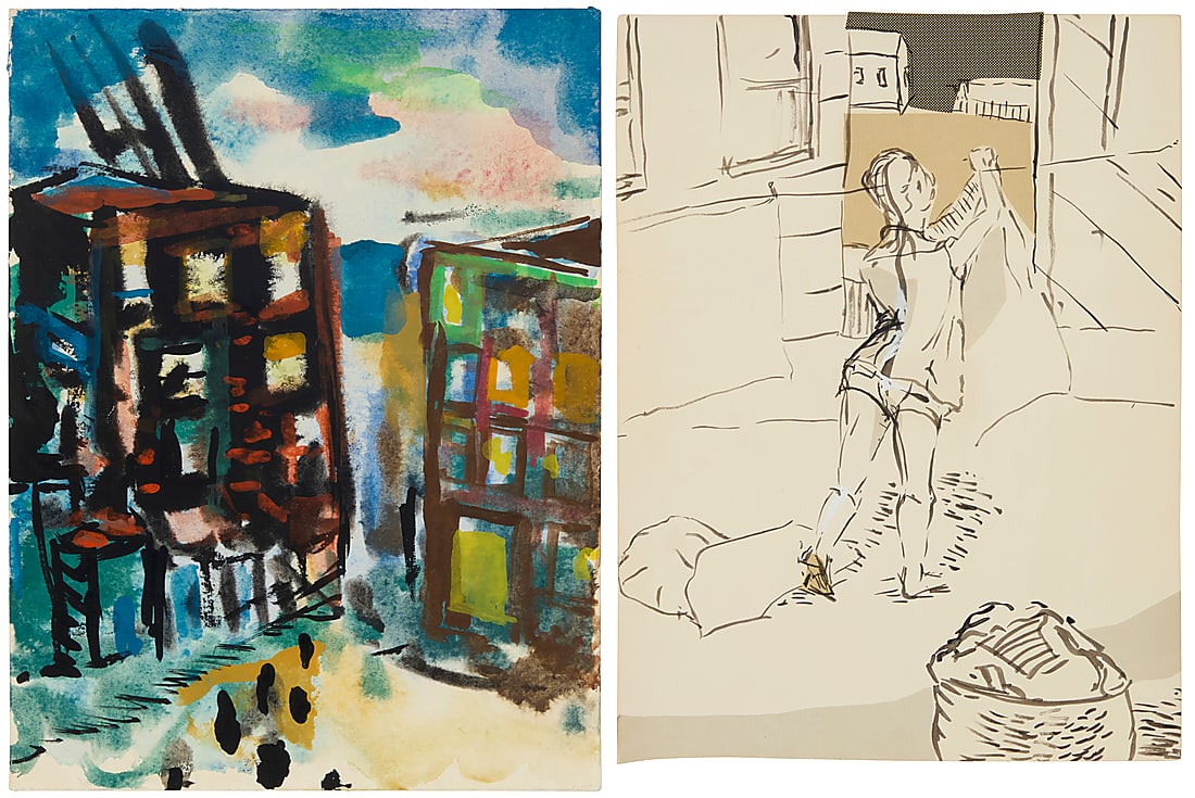 John Miller (b. 1954): John Miller (b. 1954) Two works: "#4 Laundry" Watercolor and ink on paper Appears unsigned; titled by repute Image/Sheet: 12 x 8 7/8in "#26 Tenement" Ink, transfer shading, and touches of gouache on
