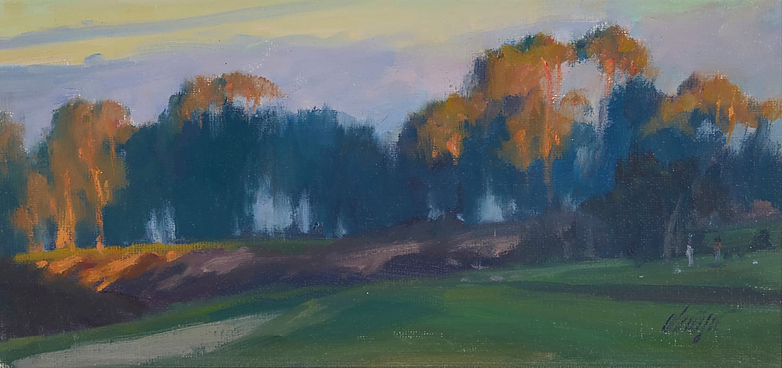 Michael Obermeyer (b. 1959), "Early Rise," 2008: Michael Obermeyer (b. 1959) "Early Rise," 2008 Oil on canvasboard Signed lower right: Obermeyer; signed again, titled, dated, and inscribed verso: 2008 / "08.1929" 6 x 12in