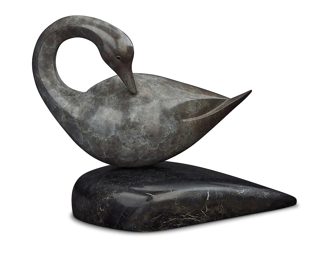 Joanne Duby (20th/21st Century), Swan, 1990: Joanne Duby (20th/21st Century) Swan, 1990 Cold-painted bronze on stone Edition: 1/44 Signed, dated and numbered: JOANNE DUBY © 90 Bronze: 14.125" H x 17" W x 7.75" D; Overall: 14.125" H x 19" W x 9"