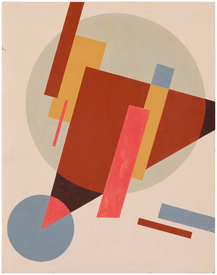 In the manner of Nicolai Suetin (1897-1954), Suprematist geometric composition, circa 1920: In the manner of Nicolai Suetin (1897-1954) Suprematist geometric composition, circa 1920 Oil on paperboard Bears signature and date in Cyrillic with very pale yellow pigment along the far right