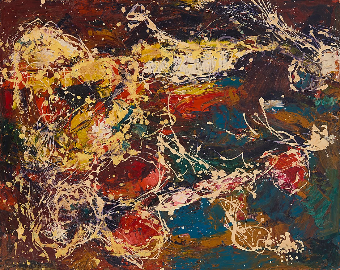 Gerald Milano (d. 1978), Abstract drip painting: Gerald Milano (d. 1978) Abstract drip painting Oil on canvas Appears unsigned 24 x 30in Other Notes: The artist attribution comes from a pencil note on a business card from Discovery Shops in Mill