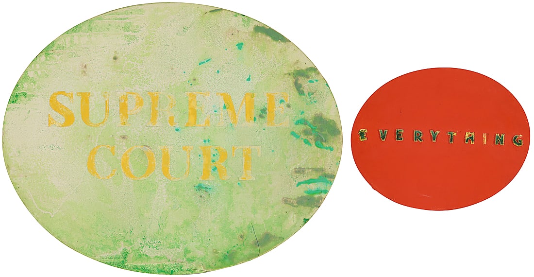 Marc Pally (b. 1946): Marc Pally (b. 1946) Two works: "Supreme Court," 1989 Oil on shaped canvas Signed and dated in pencil, verso: Marc Pally © 1989 16 x 20in "Everything," 1991 Acrylic on canvas with applied letters