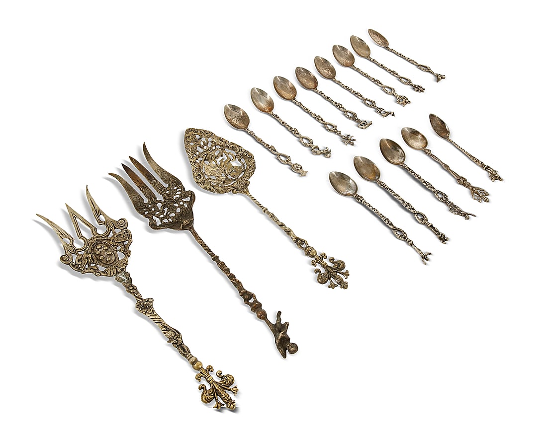 A group of Italian nickel brass serving utensils and spoons: A group of Italian nickel brass serving utensils and spoons 19th/20th century Each marked for Italian maker; one serving spoon marked: U Bellini Italy; one serving spoon marked: Montagnani Italy Each 