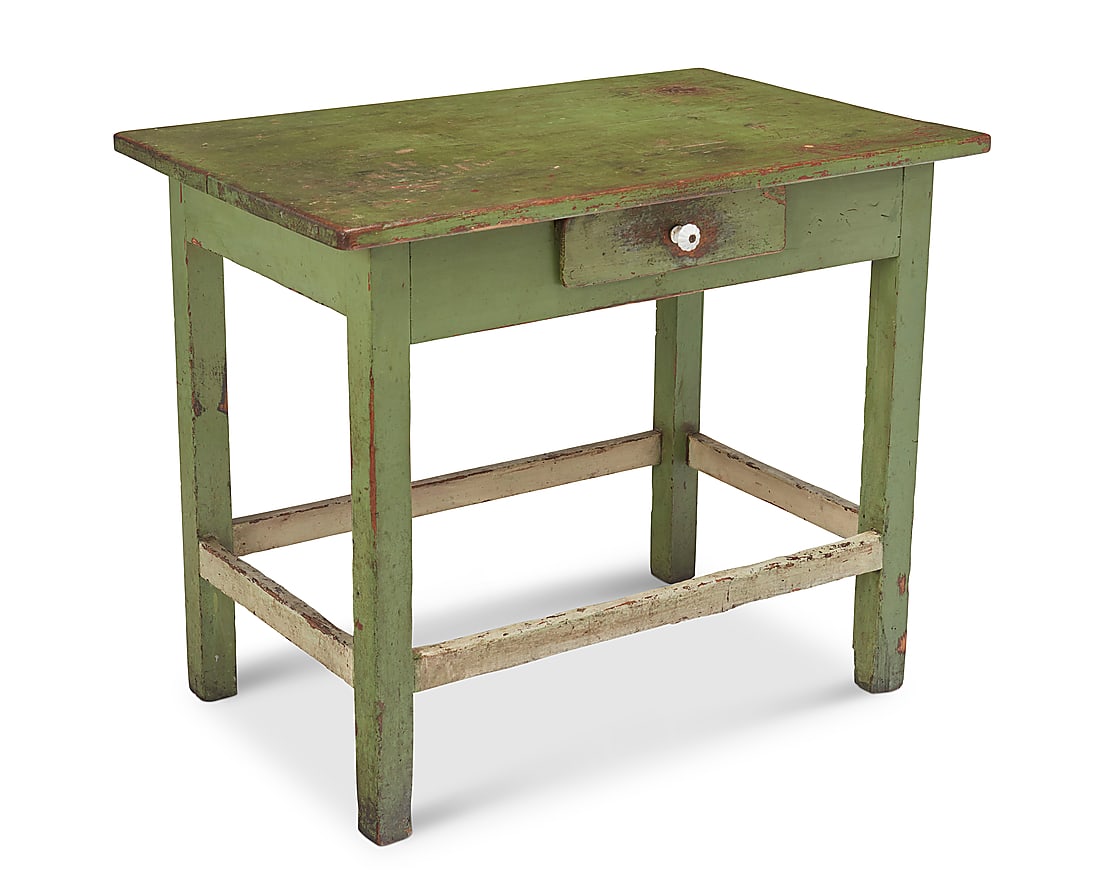 A rustic wood console table: A rustic wood console table Late 19th/early 20th century The single drawer with a ceramic pull above a white painted box stretcher 32.5" H x 39.5" W x 25.5" D