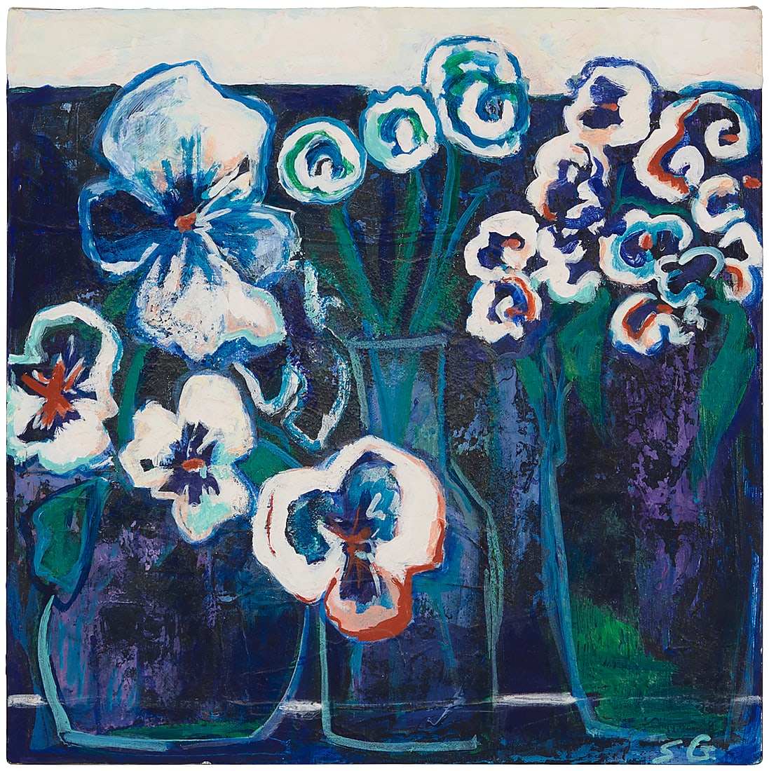 Sylvia Gumbiner (1931-2007), "White Flowers," 1993: Sylvia Gumbiner (1931-2007) "White Flowers," 1993 Oil on canvas Signed with initials lower right: SG; signed and dated on the stretcher "S. Gumbiner / 93;" dated again, titled, and inscribed "to