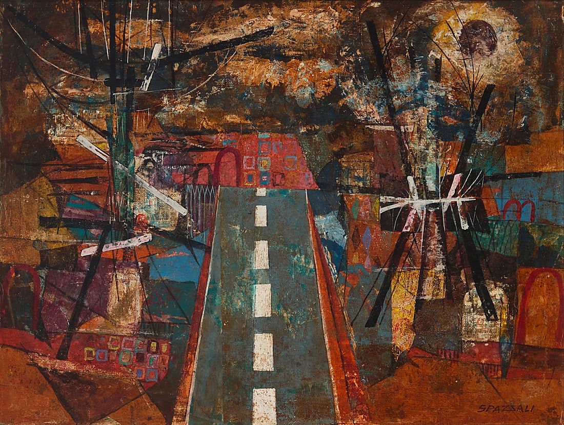 Luciano Spazzali (1911-1997), Road through a modernist composition: Luciano Spazzali (1911-1997) Road through a modernist composition Oil on canvas Signed lower right: Spazzali 19 x 25 1/8in