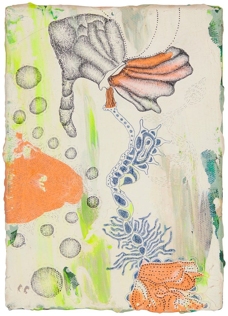 Marc Pally (b. 1946), Untitled (alternatively titled "Throwing Up"), 1996: Marc Pally (b. 1946) Untitled (alternatively titled "Throwing Up"), 1996 Graphite, color pencil and acrylic on canvas Signed, titled, and dated in ink, verso: Marc Pally / 1996 7 x 5in Provenance: