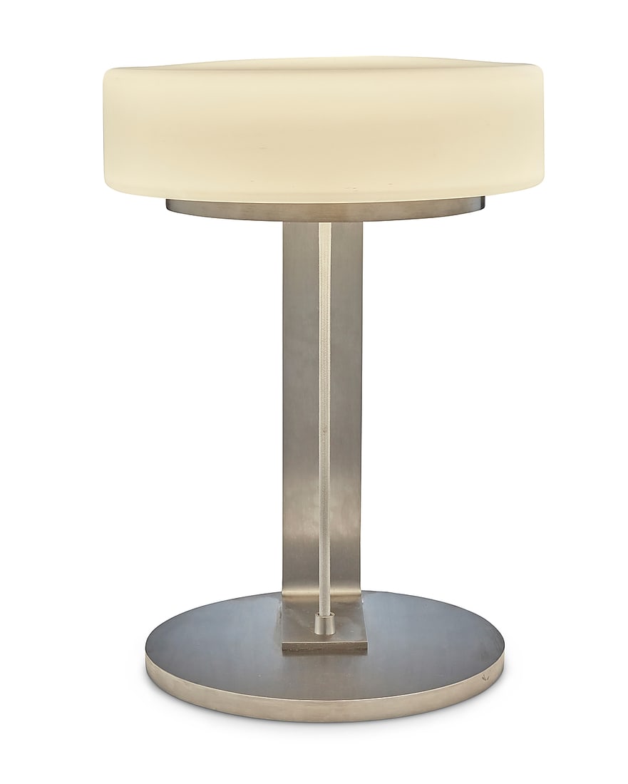Christophe Pillet (b. 1959), A 'Caisse Claire' table lamp for Ecart, 1990s: Christophe Pillet (b. 1959) A 'Caisse Claire' table lamp for Ecart, 1990s Designed circa 1997 The brushed steel base issuing a single light, surmounted by a white glass shade, electrified Overall: 20"