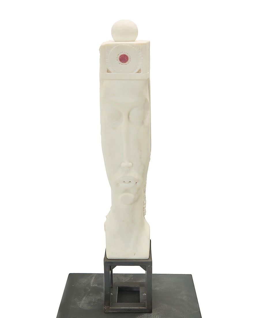Bela Bacsi (b. 1950), "Temple": Bela Bacsi (b. 1950) "Temple" Carved Carrara marble on steel base and enameled wood plinth Incised signature: BASCI With associated pedestal Marble: 21" H x 3.875" W x 7.5" D; With metal: 26" H x 4"