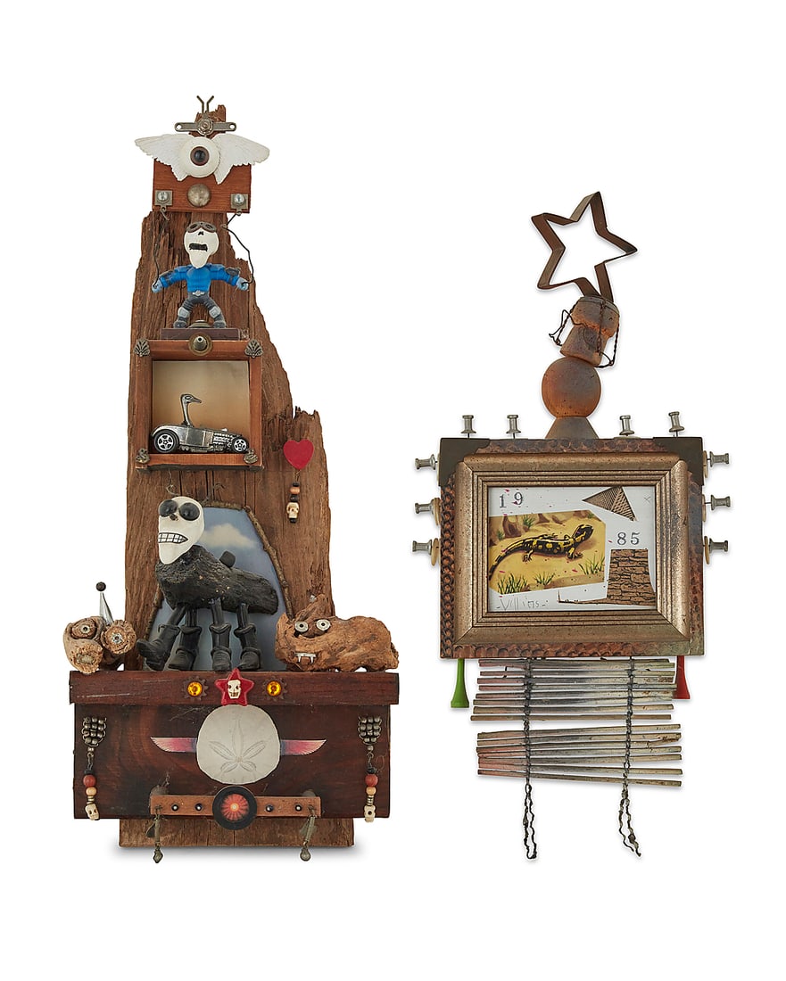 Charles Villiers (b. 1951), Two assemblages: Charles Villiers (b. 1951) Two assemblages Wood and mixed media The smaller signed in the frame: Villiers Larger: 18.5" H x 9" W x 4.25" D; Smaller: 17" H x 8" W x 1.625" D