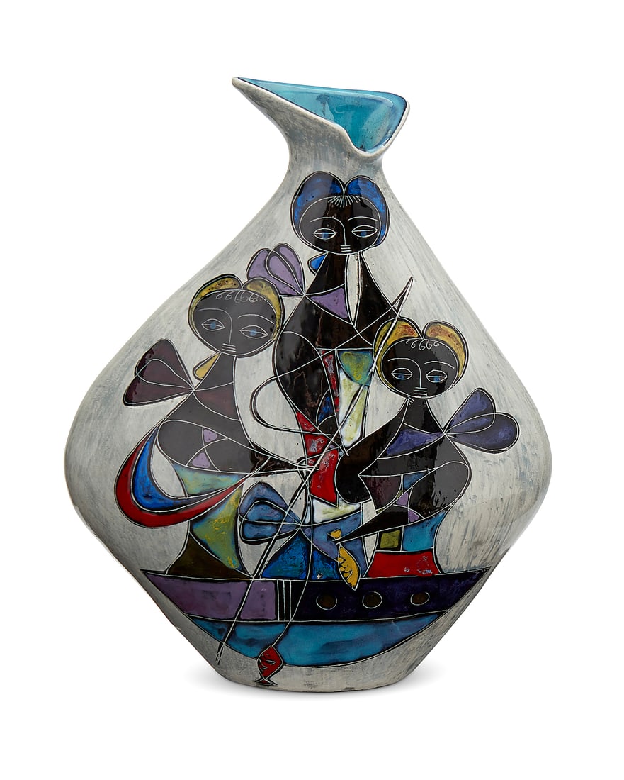 Marcello Fantoni (1915-2011), A studio pottery vase, mid-20th century: Marcello Fantoni (1915-2011) A studio pottery vase, mid-20th century Signed and inscribed to underside: Fantoni / Italy / for gallery des beaux arts The glazed ceramic vase with stylized rim, depictin