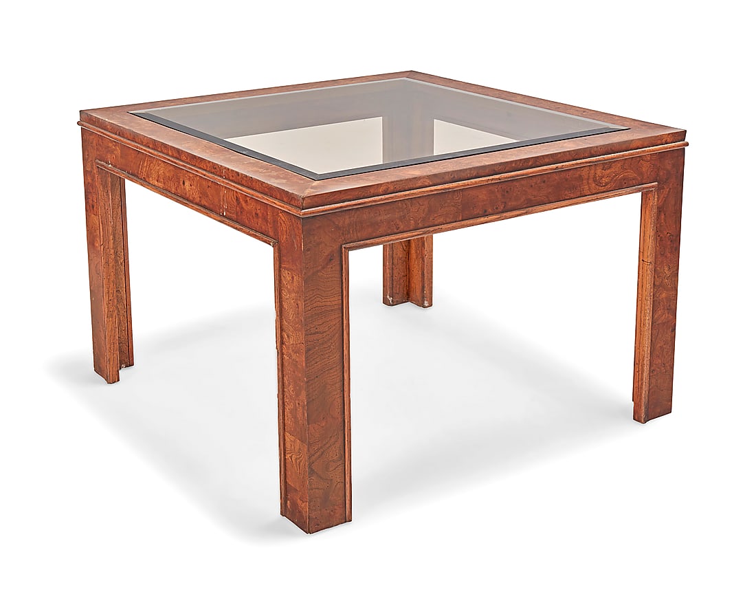 A Glenn of California burlwood coffee table: A Glenn of California burlwood coffee table Late 20th century With inset smoky glass top 21.25" H x 30.75" W x 30.75" D Provenance: Estate of Robert Baron, Huntington Beach, CA