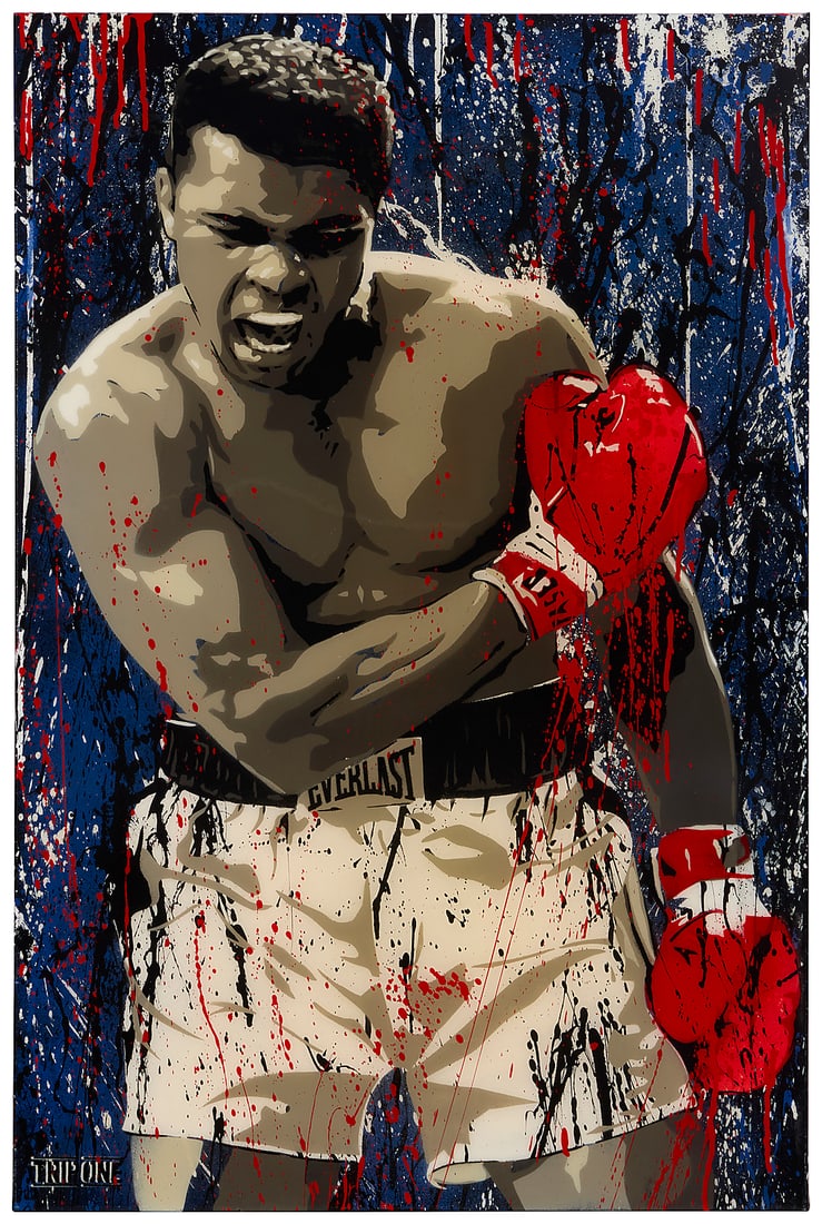 Trip One (21st Century), Muhammad Ali: Trip One (21st Century) Muhammad Ali Stencil and mixed media on canvas Signed with the stenciled signature lower left: Trip One; signed again, in ink, verso: Trip 36 x 24in Other notes: Chicago