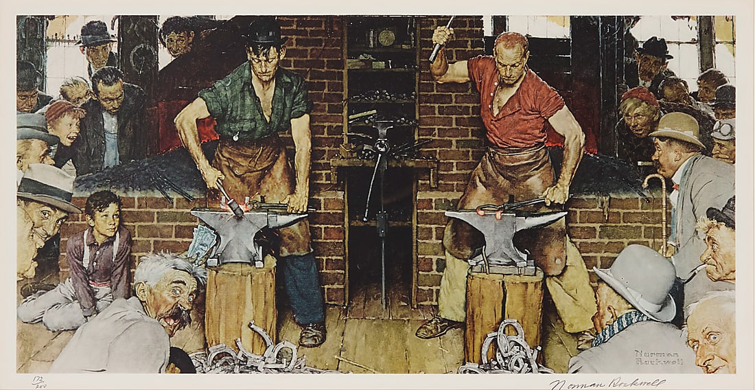 After Norman Rockwell (1894-1978), "Horseshoe Forging Contest": After Norman Rockwell (1894-1978) "Horseshoe Forging Contest" Photomechanical reproduction, possibly collotype, in colors on paper Edition: 172/200 Signed with the artist's name and numbered in pencil