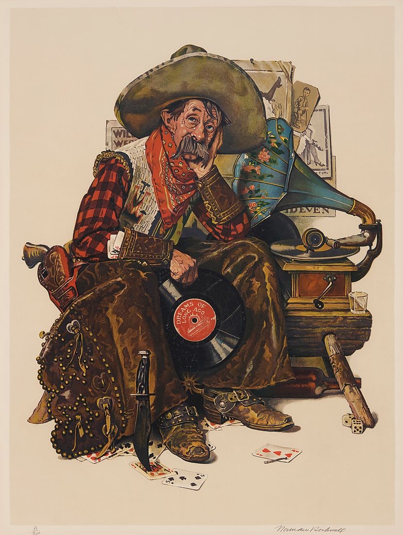 After Norman Rockwell (1894-1978), "Dreams of Long Ago": After Norman Rockwell (1894-1978) "Dreams of Long Ago" Photomechanical reproduction, possibly collotype, in colors on paper Edition: 31/200 Signed with the artist's name and numbered in pencil in the 