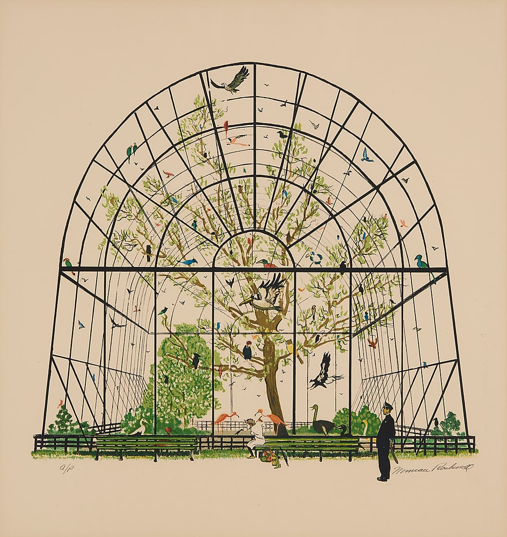 After Norman Rockwell (1894-1978), "The Aviary": After Norman Rockwell (1894-1978) "The Aviary" Photomechanical reproduction, possibly collotype, in colors on paper An artist's proof, aside from the edition of unknown size and date Signed with the a