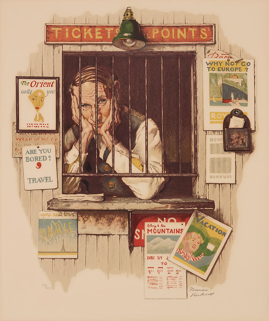 After Norman Rockwell (1894-1978), "Ticket Seller": After Norman Rockwell (1894-1978) "Ticket Seller" Photomechanical reproduction, possibly collotype, in colors on Arches paper Edition: 29/200 Signed with the artist's name and numbered in pencil in th
