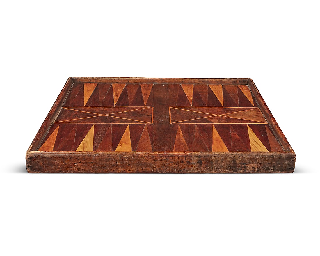 An American parquetry games board: An American parquetry games board Early 19th century With chess/checkers on one side and backgammon on the other 1.5" H x 16.75" W x 16.75" D