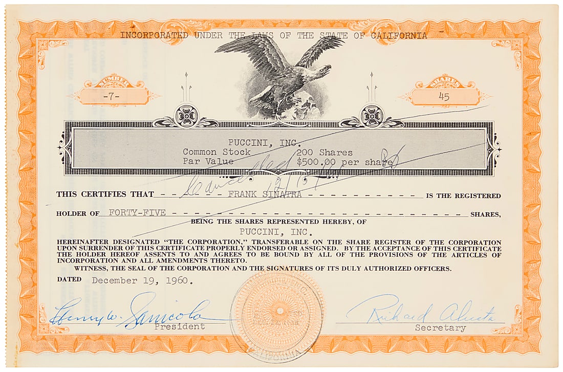 A Puccini stock certificate issued to Frank Sinatra: A Puccini stock certificate issued to Frank Sinatra Dated December 19, 1960, with cancellation dated 12/15/61 Made out for 45 shares of Puccini Inc., mounted to a foam-core backing Document: 6.5" H x 