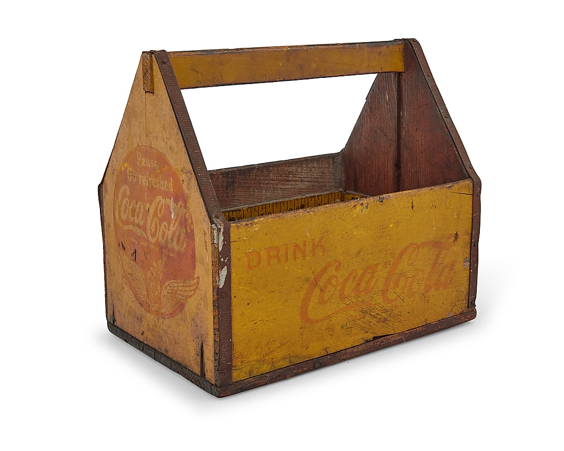 A Coca-Cola painted wood six bottle carrier (1 of 4)