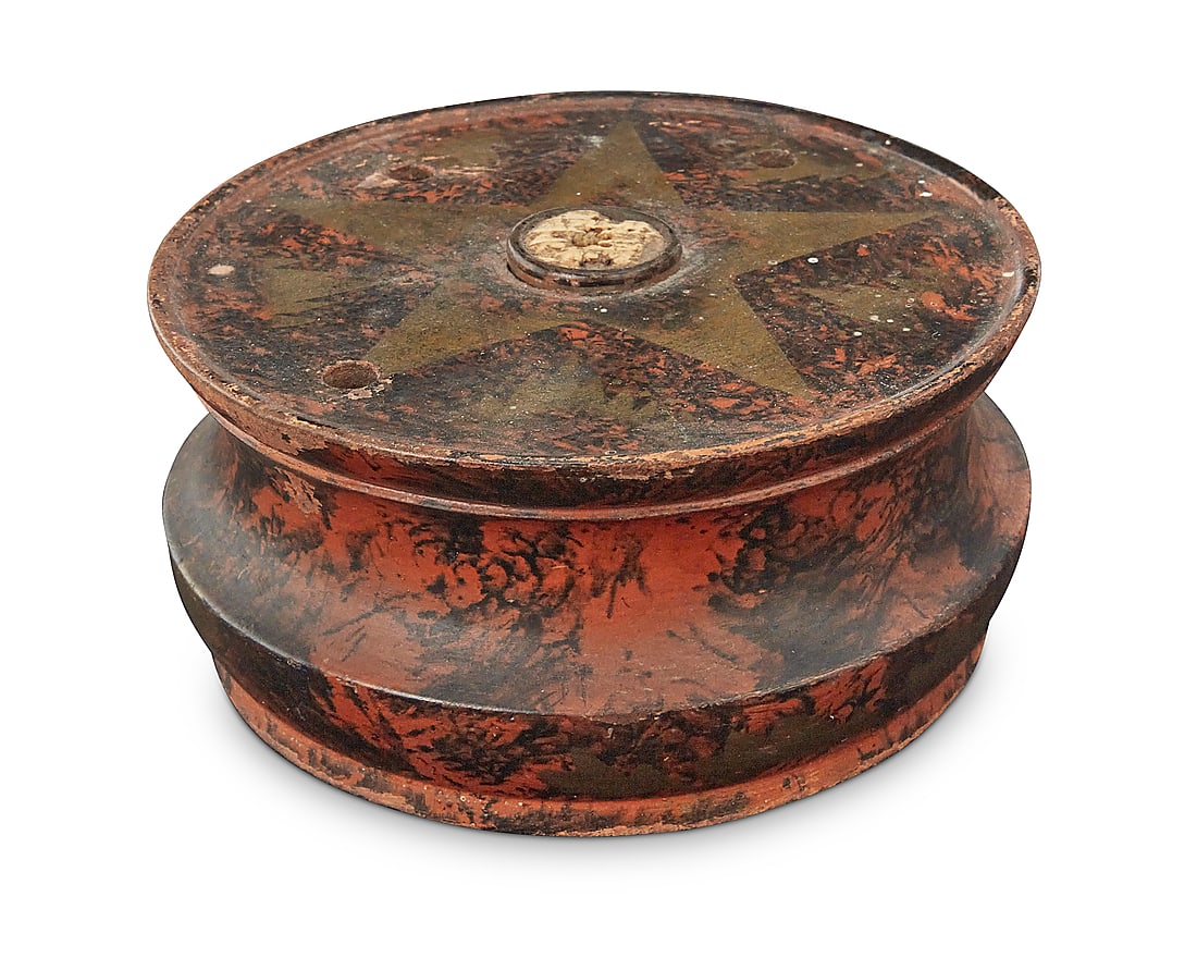 A James L. Chappell ink stand: A James L. Chappell ink stand Mid-19th century; Buffalo, NY With original label applied to underside The turned wood vessel with painted marbling and gilt accents 2.375" H x 4.5" Dia.