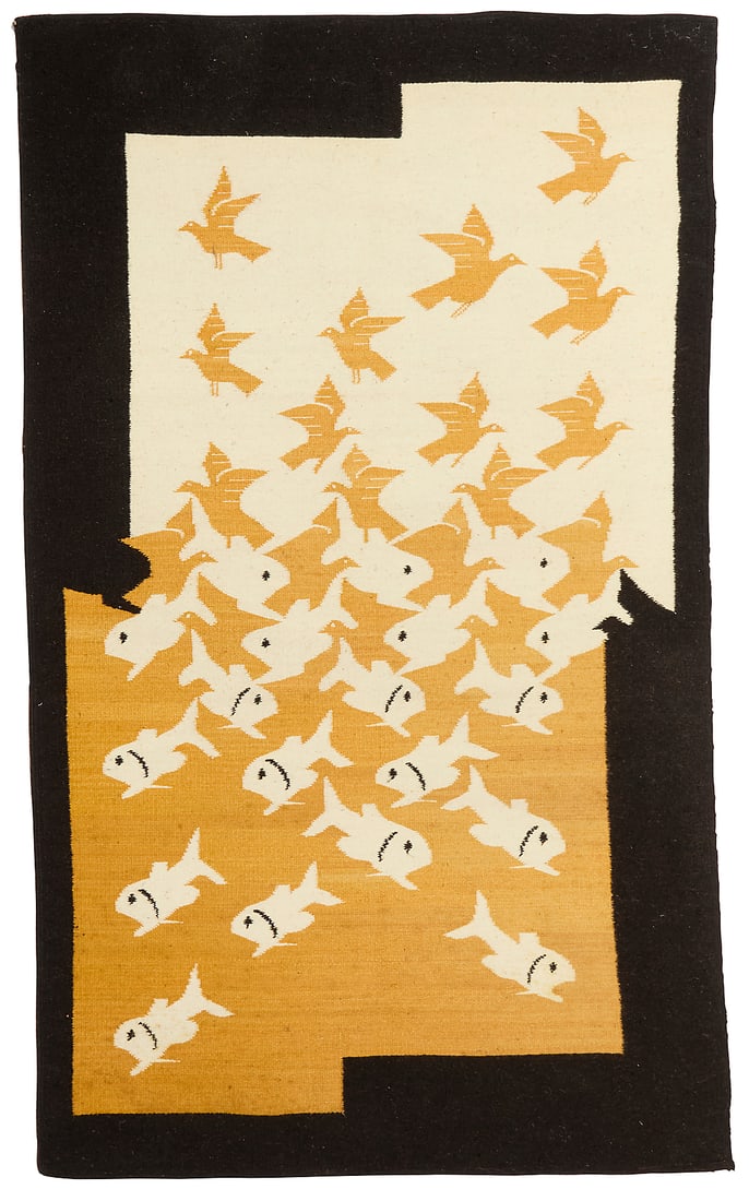 After M.C. Escher (1898-1972), A pictorial tapestry after "Sky and Water II" (1938) by Rug & Kilim,: After M.C. Escher (1898-1972) A pictorial tapestry after "Sky and Water II" (1938) by Rug & Kilim, late 20th/early 21st century Unmarked Woven in cream, yellow, and brown wool with fish and bird motif