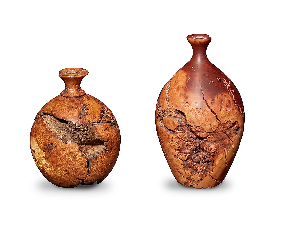 Bruce Bernson (1950-2014), Two burlwood bud vases, late 20th century: Bruce Bernson (1950-2014) Two burlwood bud vases, late 20th century One incised near base: Bruce Bernson / usa '81' / Wild Lilac Burl; the other incised: Bruce Bernson / Oak Burl Each globular turned 