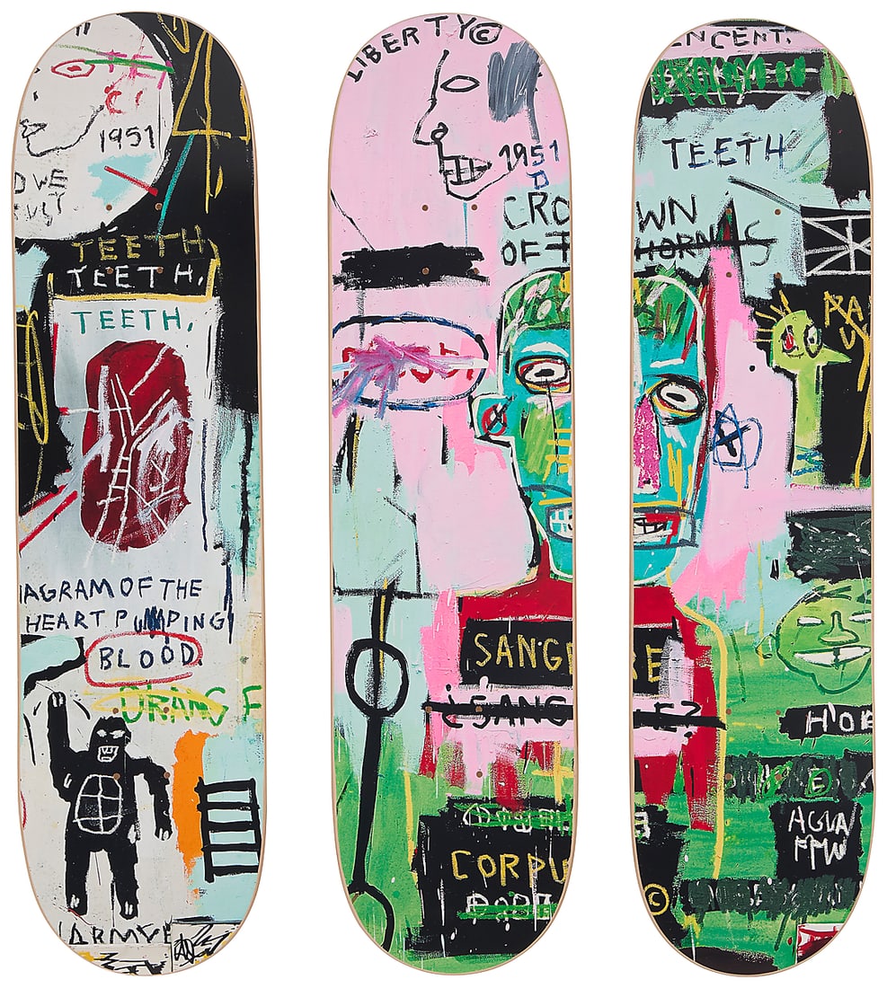 After Jean-Michel Basquiat (1960-1988), A skateboard deck triptych after "In Italian" (1983) by The: After Jean-Michel Basquiat (1960-1988) A skateboard deck triptych after "In Italian" (1983) by The Skateroom, early 21st century From the open edition originally released 2014 Each top printed: THE SK