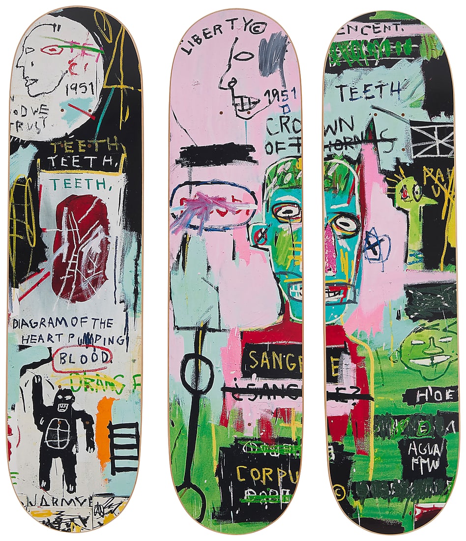 After Jean-Michel Basquiat (1960-1988), A skateboard deck triptych after "In Italian" (1983) by The: After Jean-Michel Basquiat (1960-1988) A skateboard deck triptych after "In Italian" (1983) by The Skateroom, early 21st century From the open edition originally released 2014 Each top printed: THE SK