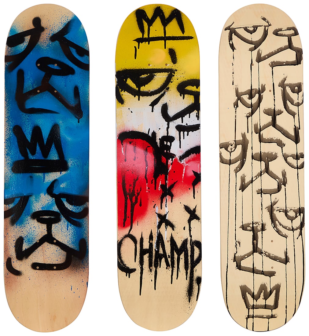 After Jean-Michel Basquiat (1960-1988), A skateboard deck triptych after "Charles the First" (1982): After Jean-Michel Basquiat (1960-1988) A skateboard deck triptych after "Charles the First" (1982) by The Skateroom, early 21st century From the open edition Each printed: [crown] / THE BEAR CHAMP © 