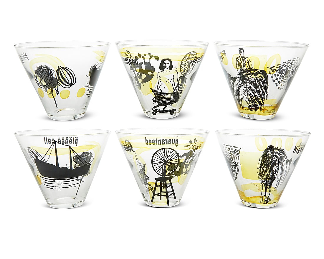 Susan Stinsmuehlen-Amend (b. 1948), A set of six martini glasses, late 20th/early 21st century: Susan Stinsmuehlen-Amend (b. 1948) A set of six martini glasses, late 20th/early 21st century Each acid-etched to underside: 55-A With fused pictorial decals 6 pieces Each: 3.625" H x 4.5" Dia. Proven