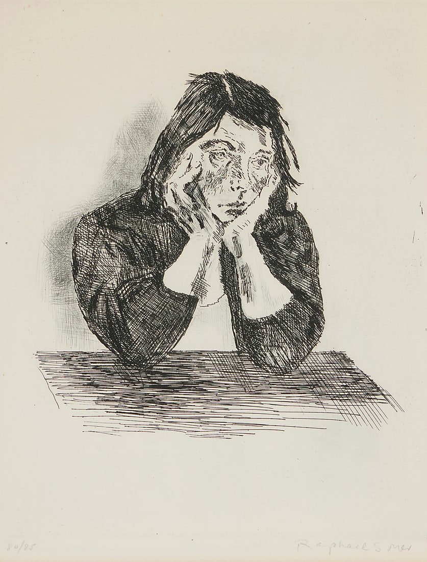 Raphael Soyer (1899-1987), "Woman at Table," 1963-64: Raphael Soyer (1899-1987) "Woman at Table," 1963-64 Etching on wove paper Edition: 80/85 Signed and numbered in pencil in the lower margin: Raphael Soyer; Emiliano Sorini, prntr. Plate: 10 x 7 3/5in; 