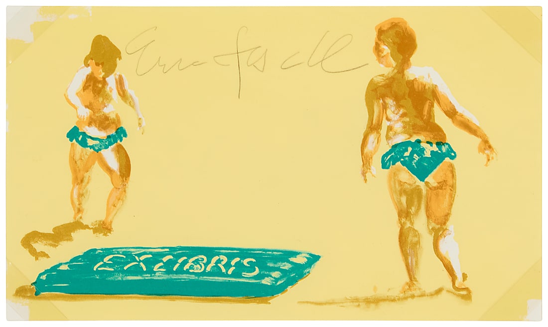 Eric Fischl (b. 1948), Untitled, Bathers bookplate (Ex Libris), 1996/1997: Eric Fischl (b. 1948) Untitled, Bathers bookplate (Ex Libris), 1996/1997 Offset lithograph in colors on paper From the edition of 100 Signed in pencil upper center: Eric Fischl Image/Sheet: 3 x 5in