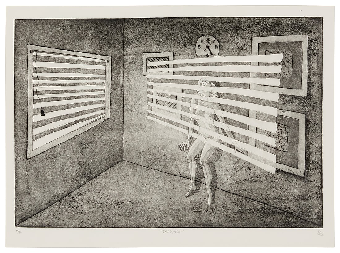 20th Century American School: 20th Century American School "Trapped," 1983 Etching and aquatint on BFK Rives paper An artist's proof aside from the edition of unknown size Initialed, titled, dated, and inscribed "A/P," all in penc