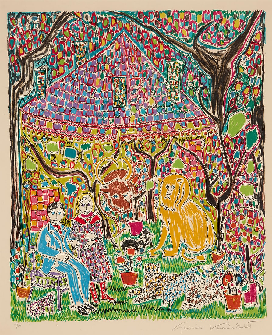 Gloria Vanderbilt (1924-2019), "Peaceable Kingdom": Gloria Vanderbilt (1924-2019) "Peaceable Kingdom" Lithograph in colors on paper Edition: 83/300 Signed and numbered in pencil in the lower margin: Gloria Vanderbilt Image: 24 x 20in; Sight: 26 x 21 1/