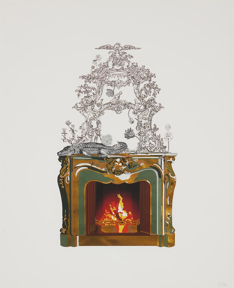 Francesca Gabbiani (b. 1965), "Fireplace Mirror," 2010: Francesca Gabbiani (b. 1965) "Fireplace Mirror," 2010 Lithograph in colors on paper Edition: 2/500 Signed in ink on accompanying certificate of authenticity affixed to the frame's backing board: F. Ga