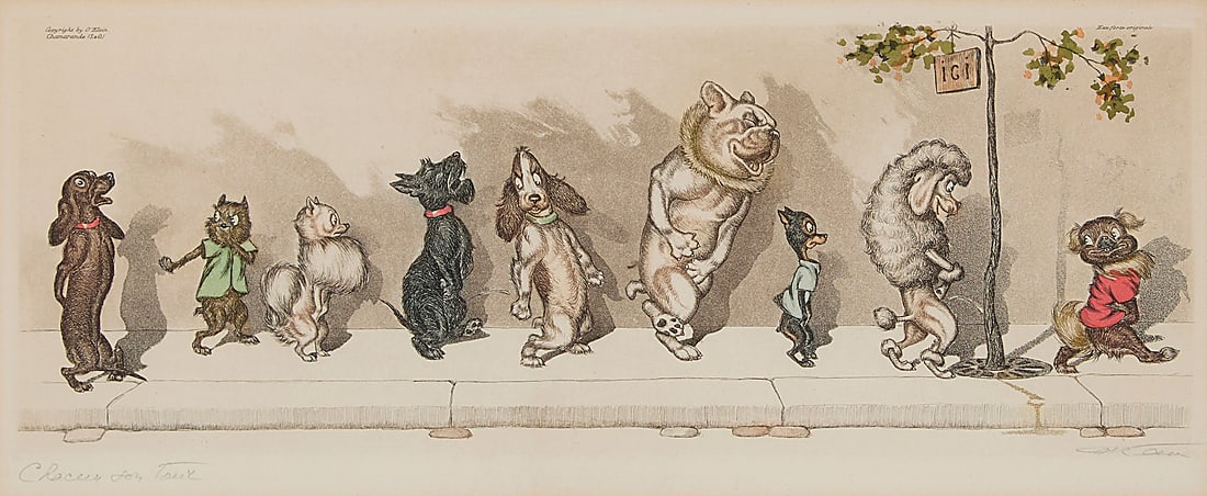 Boris O'Klein (1893-1985), "Chacun son Tour!" from the "Dirty Dogs of Paris" series: Boris O'Klein (1893-1985) "Chacun son Tour!" from the "Dirty Dogs of Paris" series Etching with hand-coloring on wove paper From the edition of unknown size and date Signed and titled in pencil in the