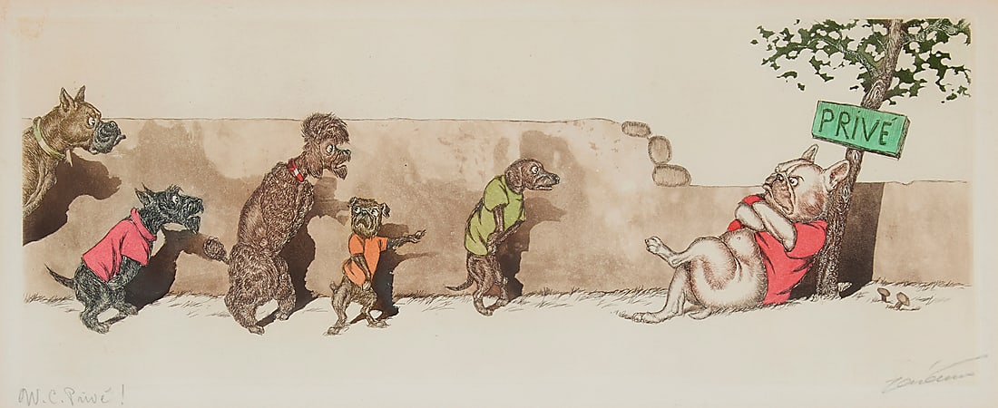 Boris O'Klein (1893-1985), "W.C. Prive!" from the "Dirty Dogs of Paris" series: Boris O'Klein (1893-1985) "W.C. Prive!" from the "Dirty Dogs of Paris" series Etching with hand-coloring on wove paper From the edition of unknown size and date Signed and titled in pencil in the lowe