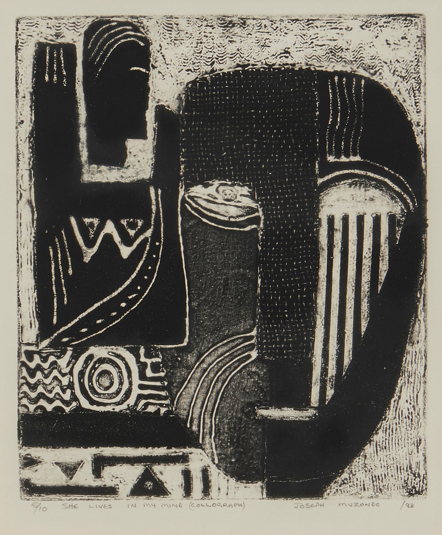 Joseph Muzando (b. 1953), "She Lives In My Mind," 1993: Joseph Muzando (b. 1953) "She Lives In My Mind," 1993 Collograph on paper Edition: 5/10 Signed, titled, dated, numbered, and inscribed "(collograph)," all in pencil in the lower margin: Joseph Muzando