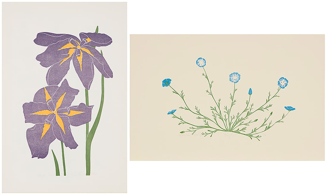 Henry Evans (1918-1990): Henry Evans (1918-1990) Two works: "Iris," 1985 Linocut in colors on paper Edition: 77/140 Signed, titled, dated, and numbered in pencil in the lower margin: Henry Evans 1985 Image: 15 3/4 x 10in; She